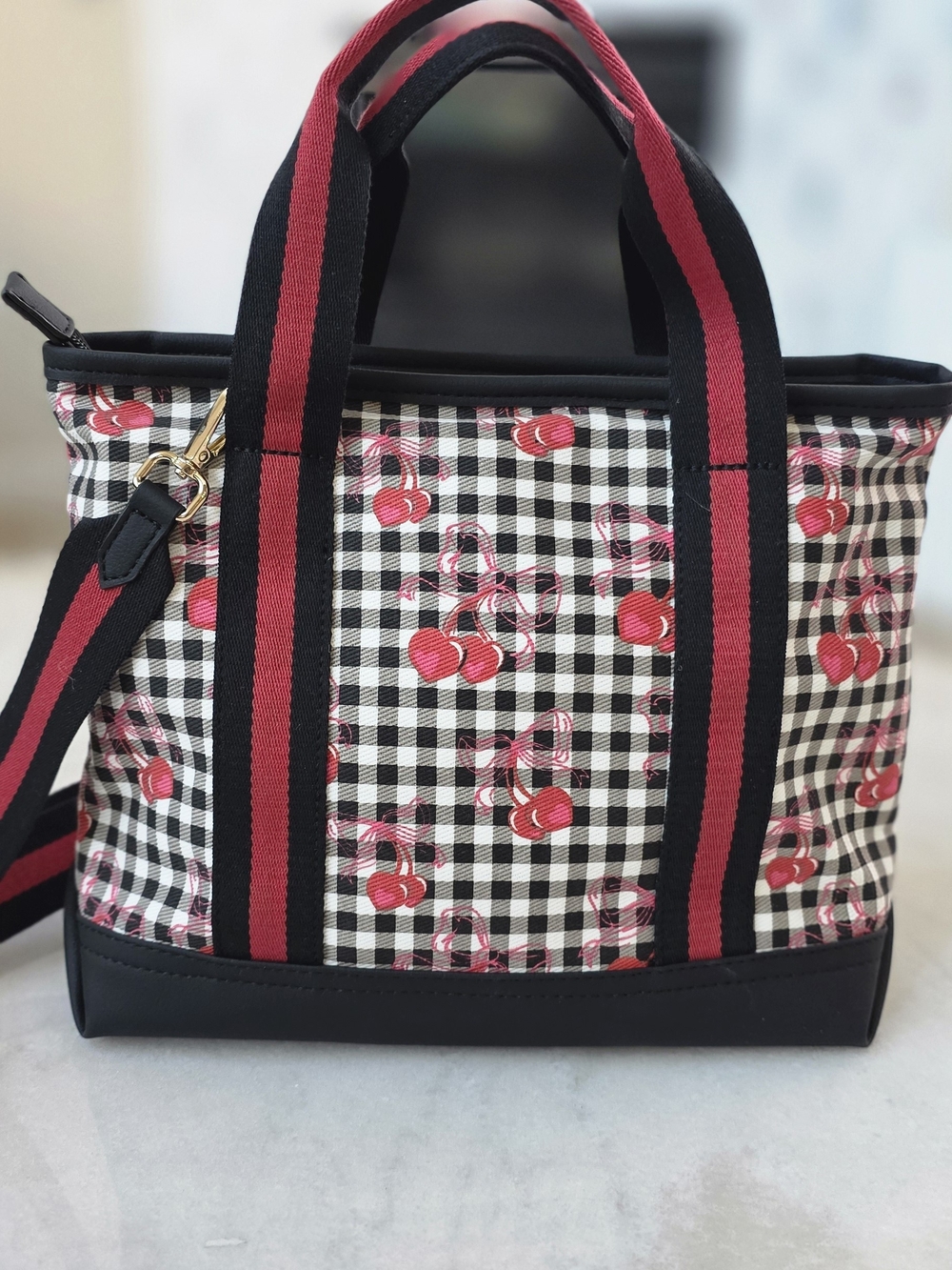 Betsey Johnson Luv Betsey LBADDIE Cherry Gingham Tote Bag Crossbody Black White - Picture 2 of 11
